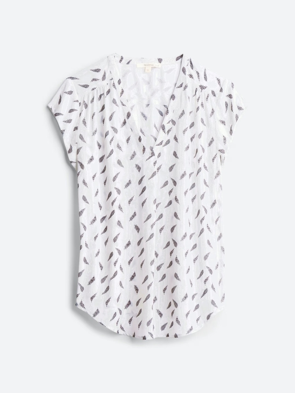 Fun2fun Lightweight White Cap-Sleeve V-Neck Top with Feather Print